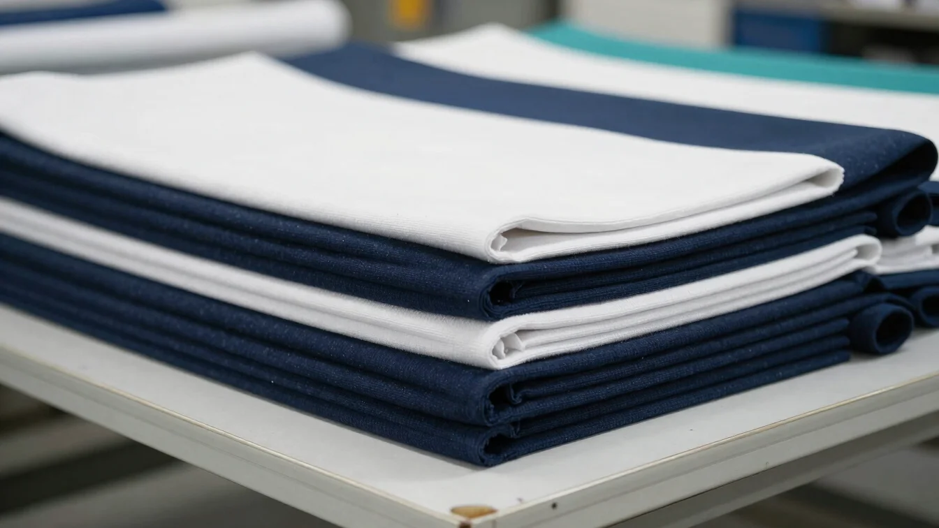Close-up editorial photograph of folded navy and white fabric bol