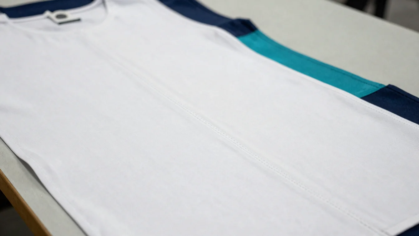 Editorial photograph of finished apparel on a neutral worktable,