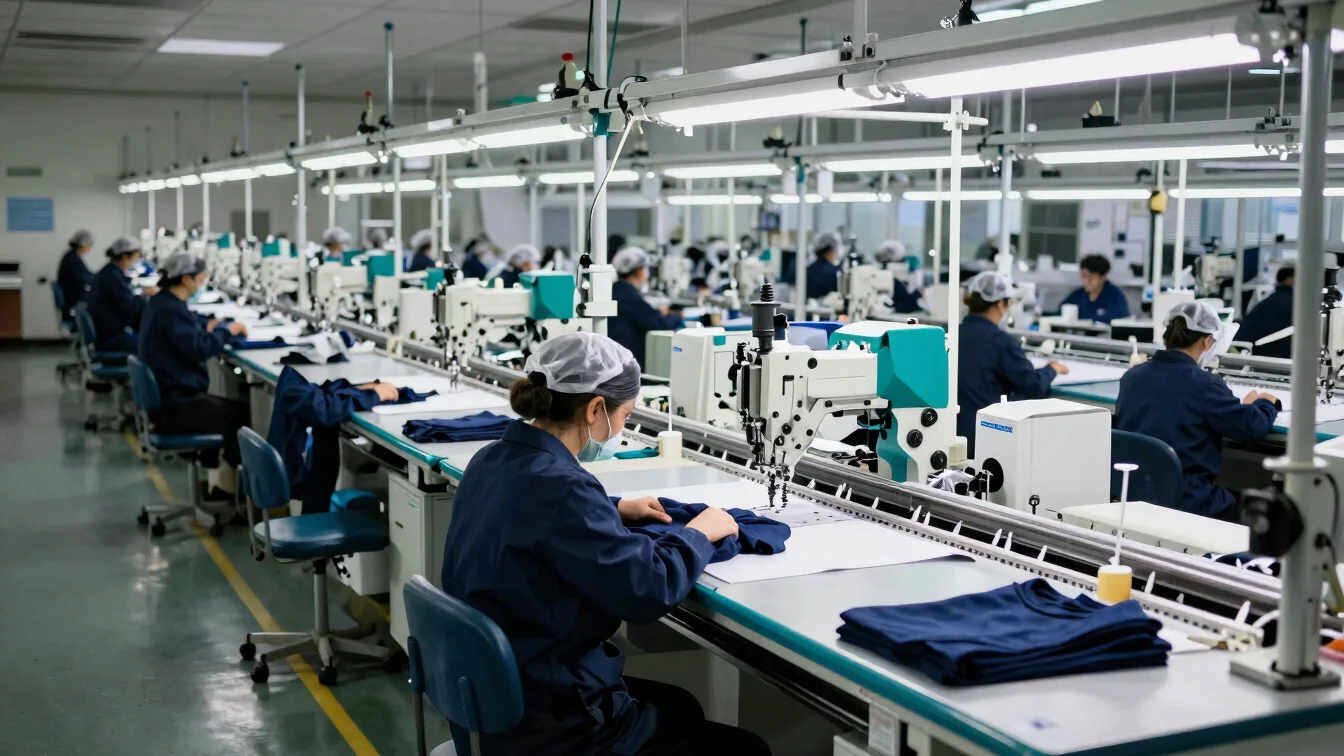 Wide shot of an industrial sewing line in a textile factory, neat
