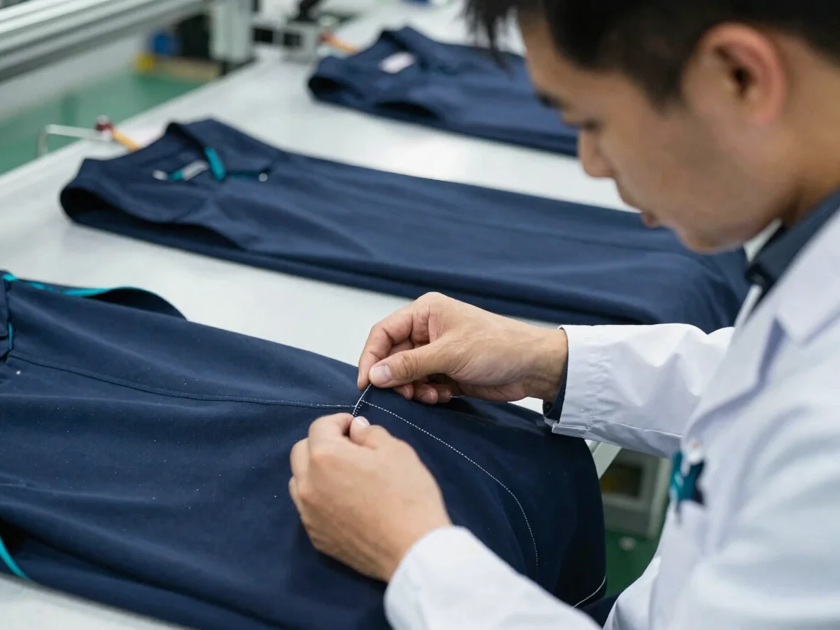 Close-up photograph of a quality inspector examining stitching on