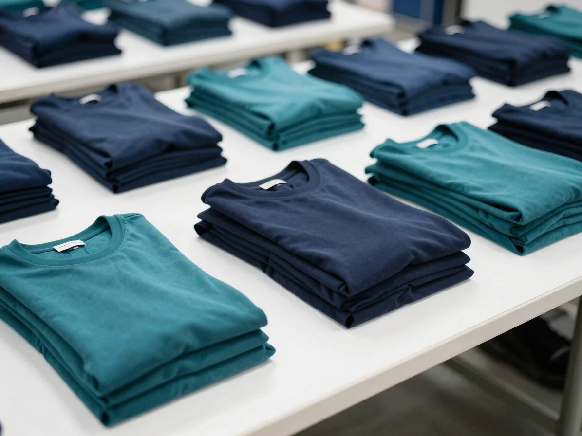 Editorial photograph of neatly stacked finished garments in teal