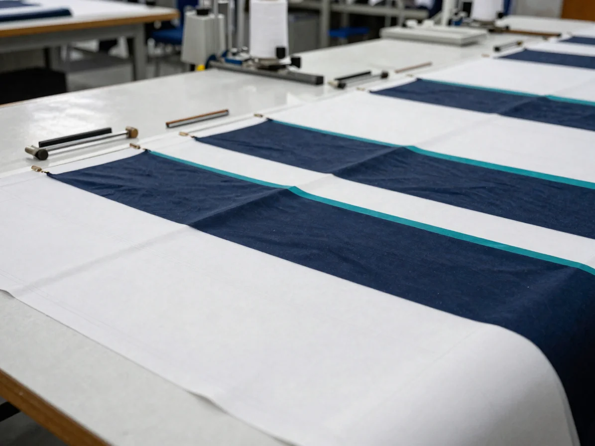 Wide photograph of a fabric cutting table in a textile factory, p