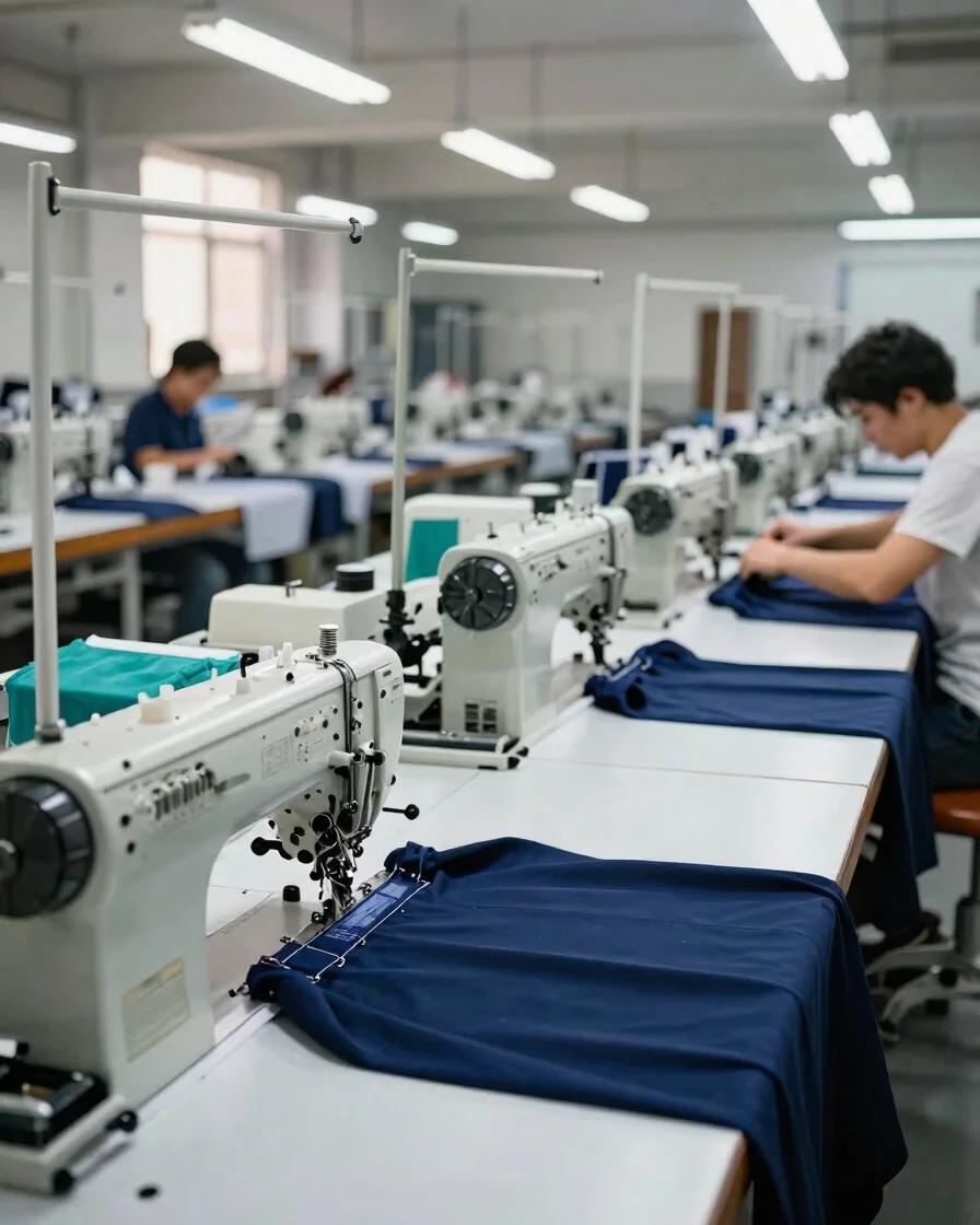Wide-angle editorial photograph of a textile factory sewing floor